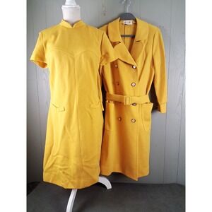 Vintage Butte Knit Womens Yellow Dress Coat Ensemble 14 100% Wool Shift 60s MOD